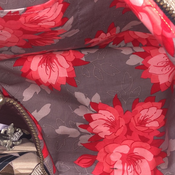 LARGE PLEATED BOW CHOCOLATE BROWN PURSE red floral inner - Picture 2 of 6